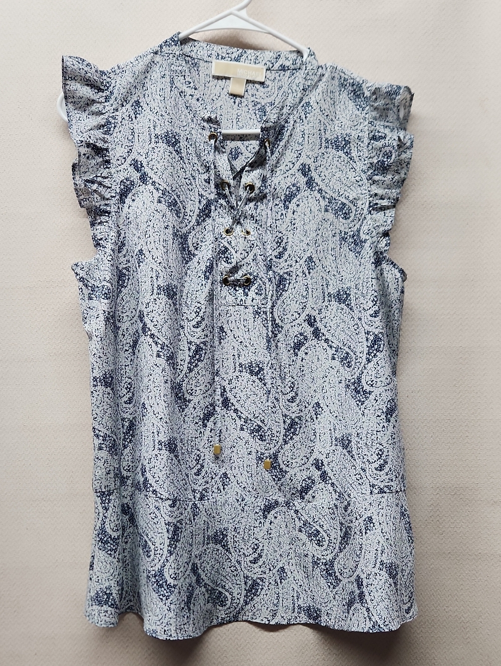Michael Kors Navy and White Paisley Lace-Up Ruffle Shell